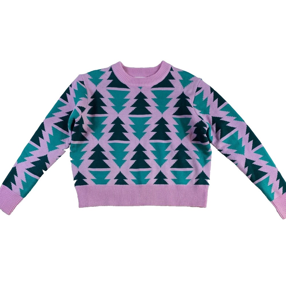 2/$30 Grayson/Threads Christmas Knit Sweater Sz L Pink Green Tree Ski Winter
